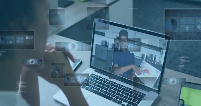 Animation of radars, globe, computer language, diverse coworkers discussing report on video call
