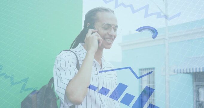 Animation of graphs and loading circles over man talking on cellphone