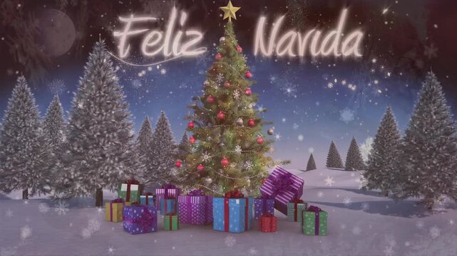 Animation of snow falling on feliz navidad text against christmas tree and gifts on winter landscape