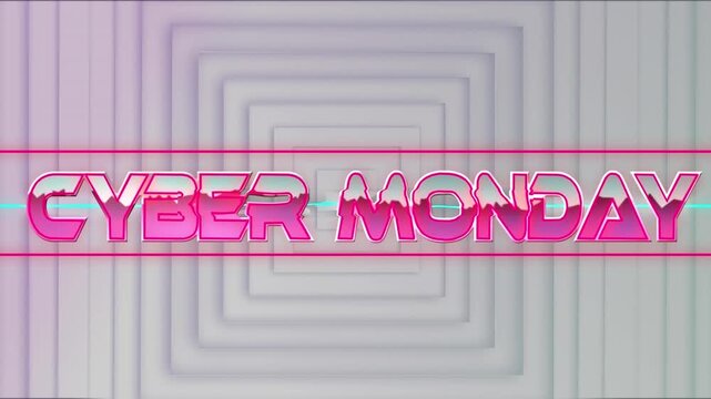 Animation of cyber monday text banner against neumorphic white background with square patterns