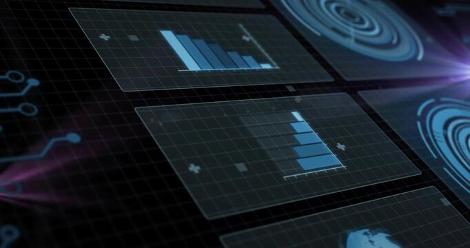 Animation of graphs, loading circles and circuit board pattern over black background