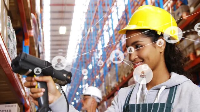 Animation of network of connections with icons over female worker in warehouse