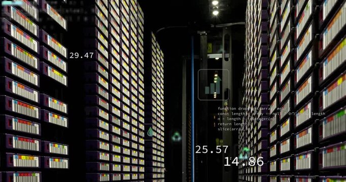 Animation of ecology icons and data processing over server room