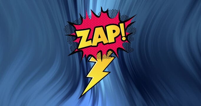 Animation of zap text on explosion bolt over moving blue soft glowing swirl