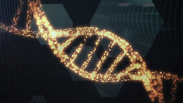 Animation of dna strand spinning and data processing on black background