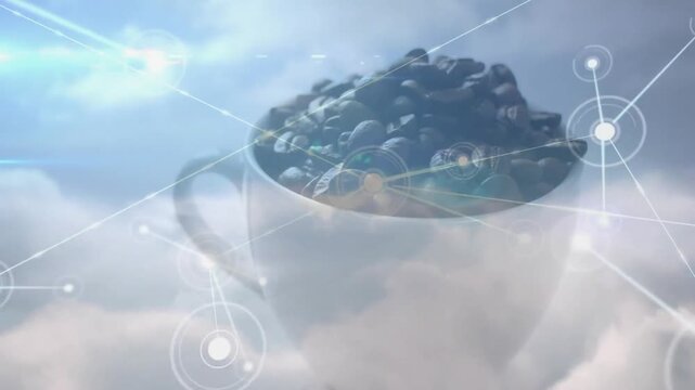 White ceramic mug holding dark coffee beans floating among clouds, showing glowing network nodes
