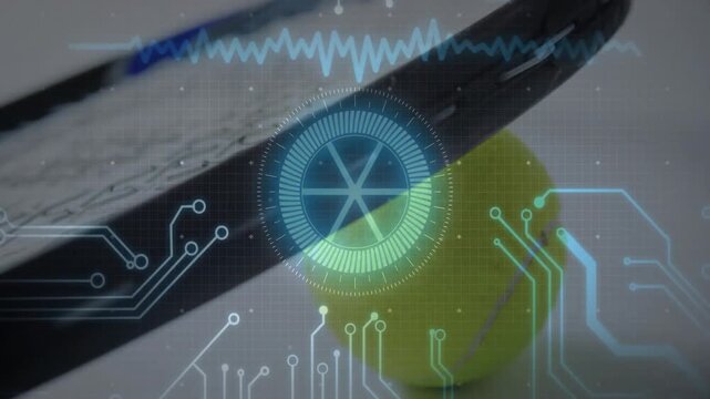 Close-up tennis racket pressing tennis ball showing HUD overlay, waveform and circuit lines