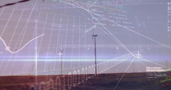 Central wind turbine spinning over flat field, showing flat design line graphs binary code overlays