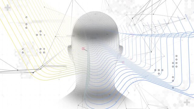Abstract head silhouette rotating within technology network, featuring yellow blue contour streams