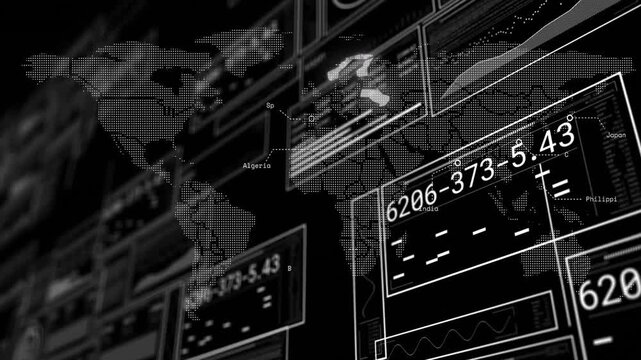 Digital map opening showing South America illuminating, dot markers appearing panels updating data