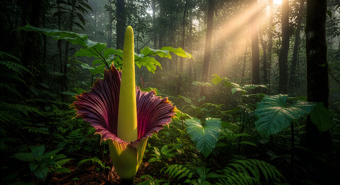 A rare and exotic Titan Arum flower blooms in a dense, misty forest with sunbeams shining through the trees on transparent background
