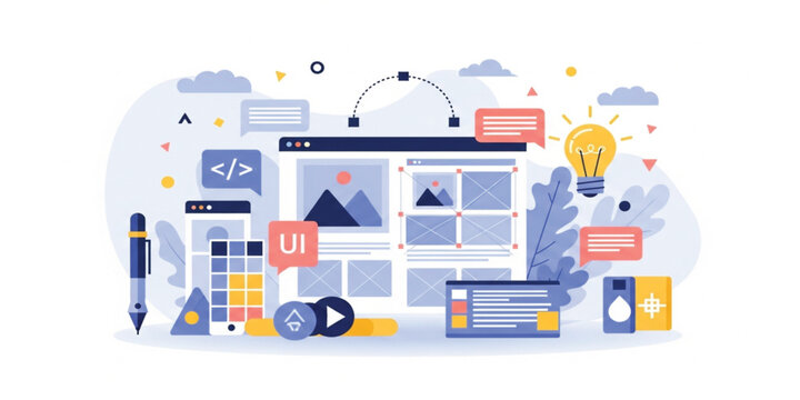 UI UX Design and Web Interface Development Concept Illustration with Wireframes, Coding Elements, Creative Tools, and Digital Product Design Workflow for Modern Applications