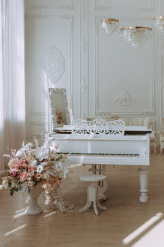 White Grand Piano in Elegant Sunlit Interior