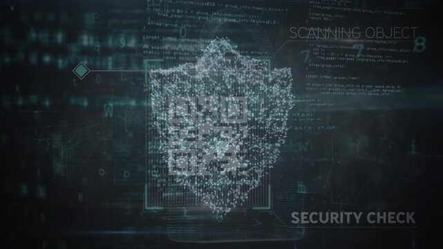 Animation of digital shield and qr code over data processing on black background