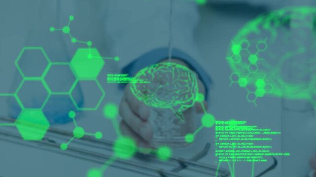 Animation of data processing and digital brain over caucasian female scientist