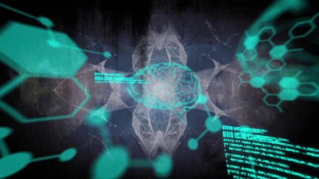 Animation of brain and scientific data processing on black background