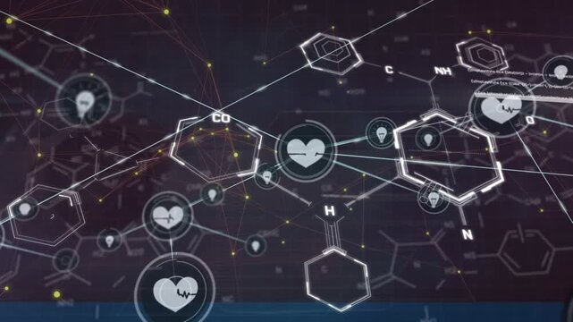 Animation of connections over chemical formulas on black background