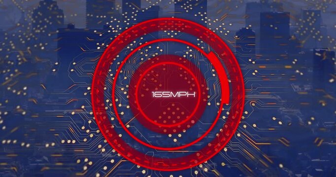 Animation of scope scanning with growing number and computer circuit board over cityscape