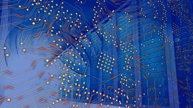 Animation of blue integrated circuit over servers