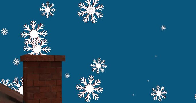 Chimney over snowflakes icons falling against copy space on blue gradient background
