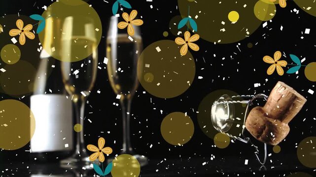 Animation of confetti falling and champagne being poured into glass