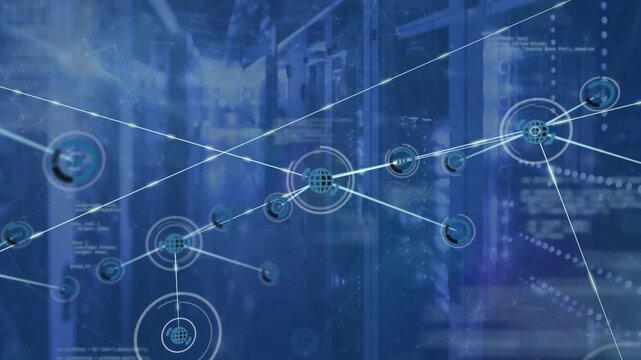 Animation of network of globe icons connecting with lines against computer server
