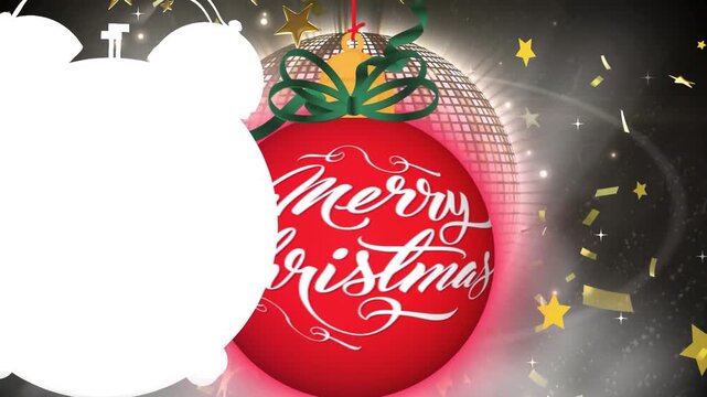 Animation of alarm clock, merry christmas text in red circel, rotating disco ball and falling stars