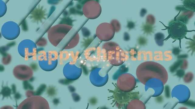 Animation of happy christmas text ,fireworks ,dna helix over red blood cell and cancerous cells