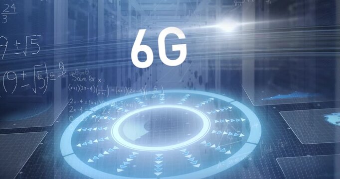 Animation of 6g text over round scanner and mathematical equations against computer server room