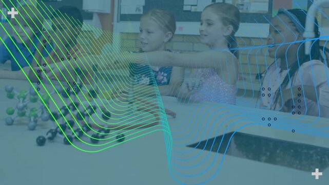 Animation of shapes over diverse schoolchildren in lab