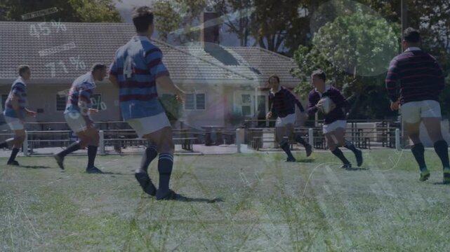 Animation of financial data processing over diverse rugby players and electricity pylon