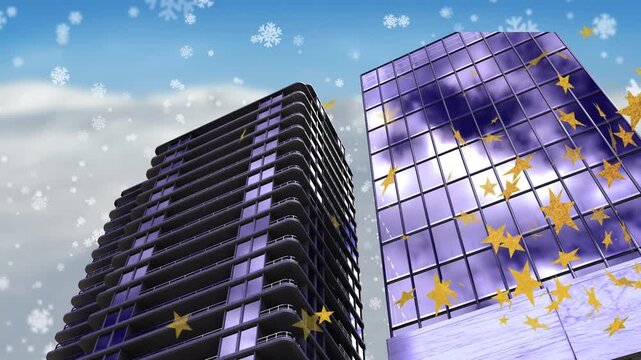 Animation of snow falling over christmas stars and buildings
