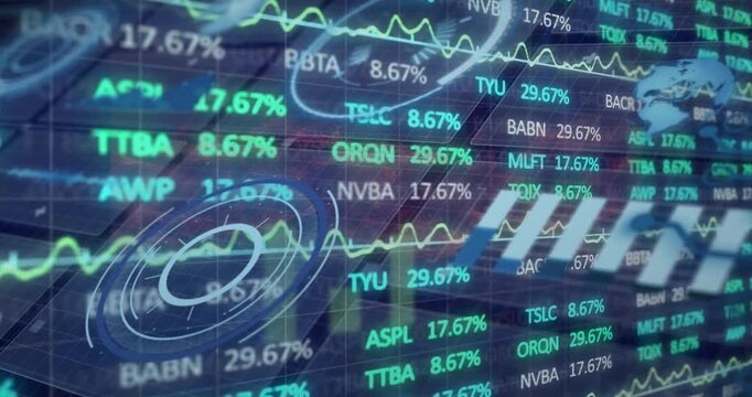 Animation of financial data processing and statistics on black background