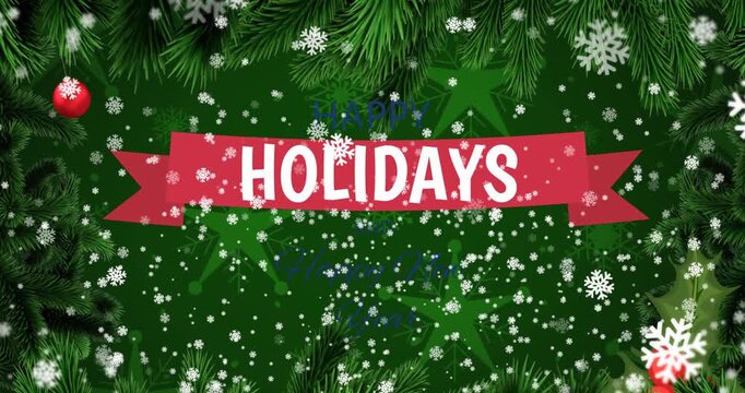 Animation of snow falling over christmas greetings text and christmas tree decoration