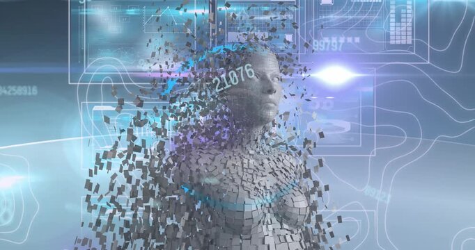 Animation of changing numbers over human body model against interface with data processing