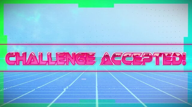 Animation of challenge accepted text in metallic pink over neon lines and metaverse grid