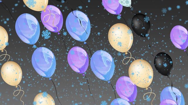 Animation of snow falling over christmas balloons