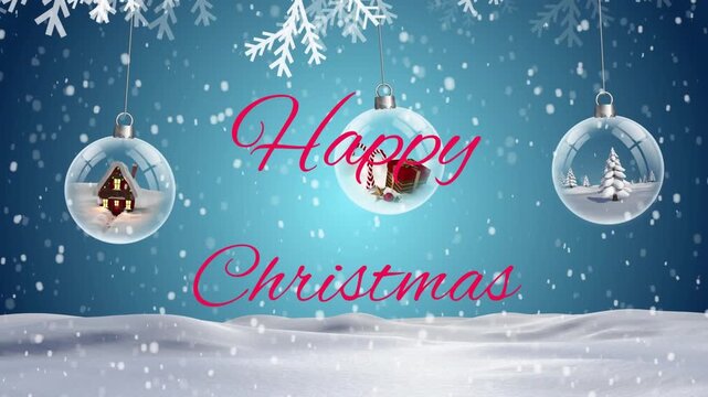 Animation of christmas greetings text and snow falling over christmas decorations in winter scenery