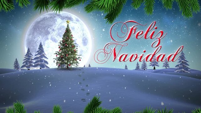 Animation of green leaves and snow falling over feliz navidad text banner against winter landscape