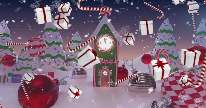 Animation of snow falling over christmas pattern and decorations