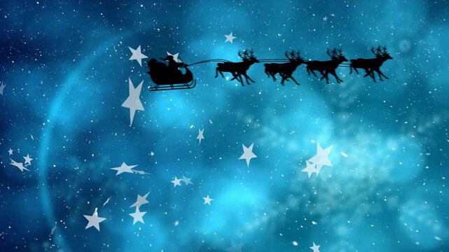 Animation of santa in sleigh over snow falling