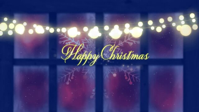 Animation of happy christmas text with fairy lights over snow falling and window
