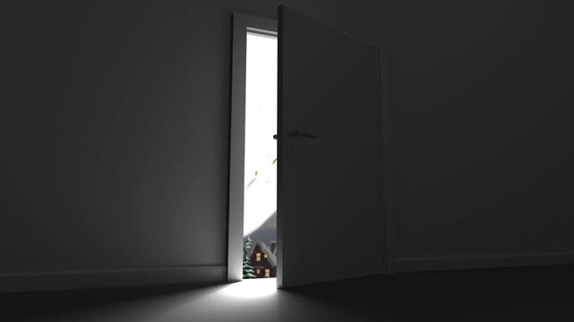 Animation of christmas santa claus in sleigh with reindeer and snow falling seen through door