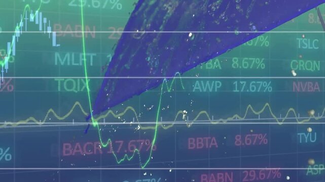Animation of financial data processing over rain and umbrella