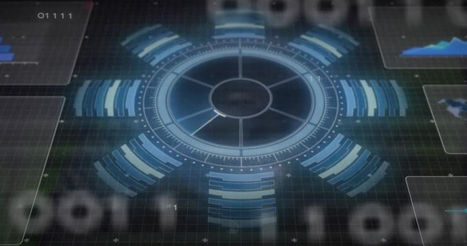 Animation of futuristic digital interface with circular data and binary code in school
