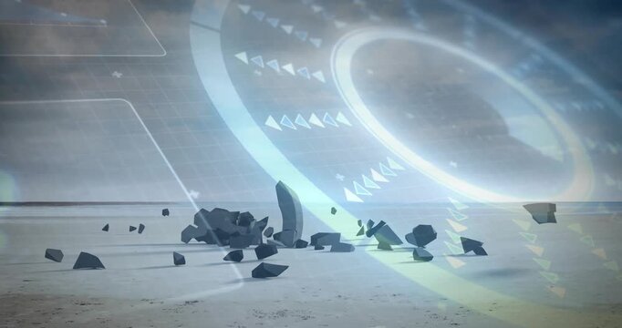 Futuristic digital interface animation over rocky landscape with geometric shapes