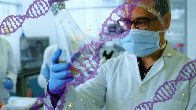 lab scientist raising flask visualizing solution clarity and causing animated DNA helix sparkles