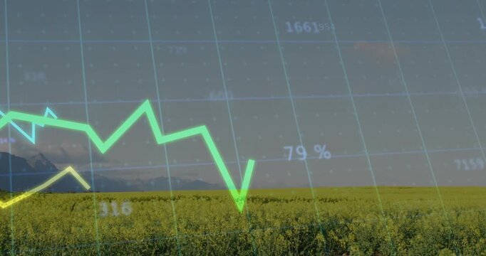 Yellow field receiving transparent grid overlay, showing neon line graphs and floating 65% label