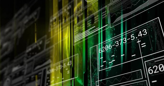 Backdrop revealing wireframe panels initiating sliding yellow green streaks updating numeric panels