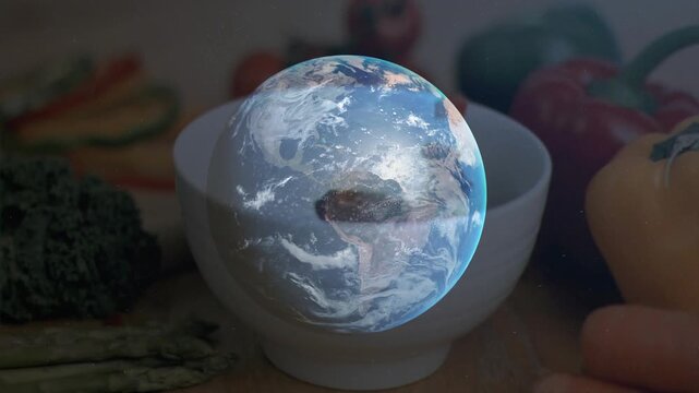 Holographic Earth globe appearing above bowl, rotating slowly to highlight global produce origin